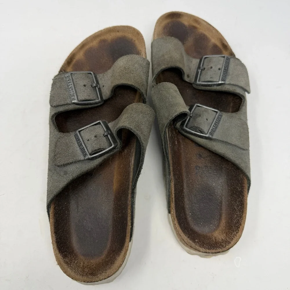 Birkenstock Arizona Sandals Size 42 Olive Green Suede Two Strap Good Condition